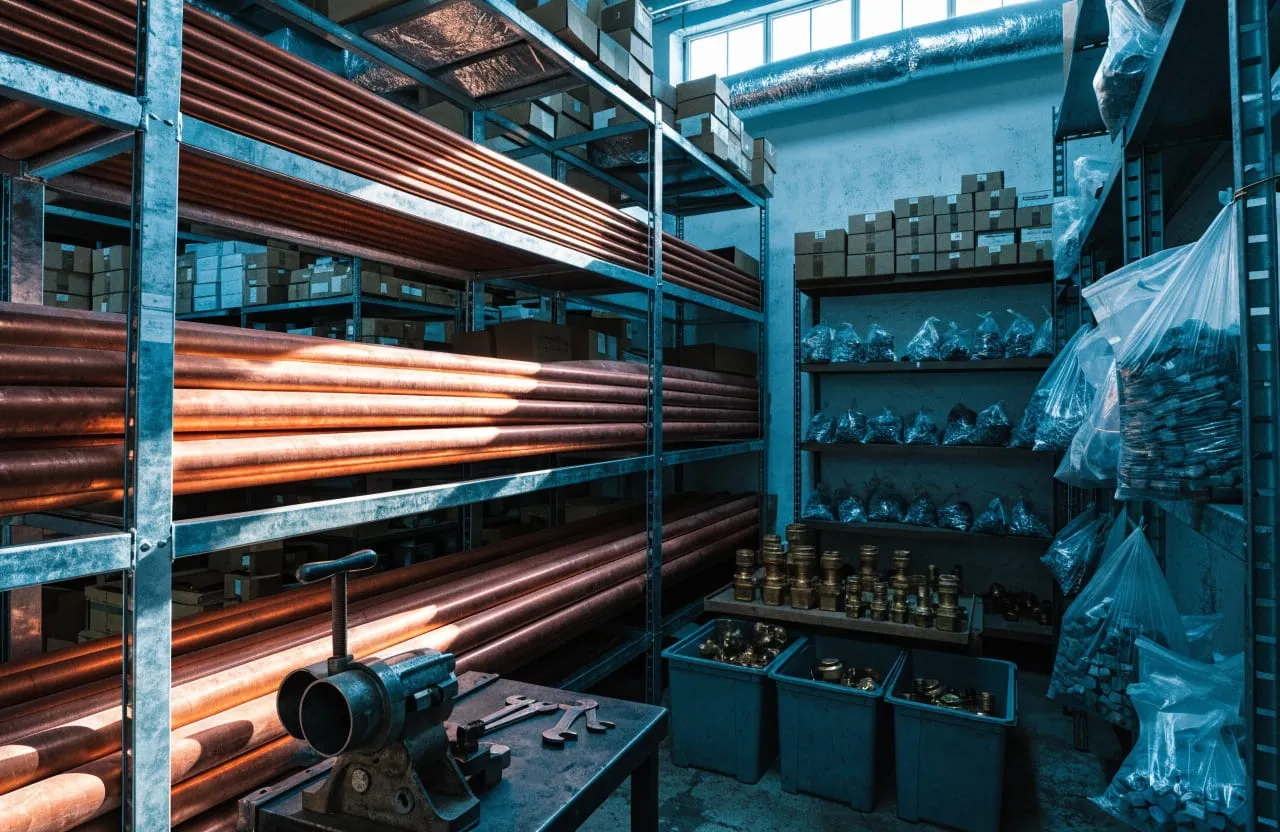 The store: copper, fittings and brass valves, racked and counted.